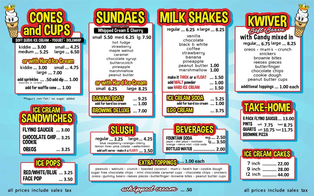 King Kone Ice Cream Menu